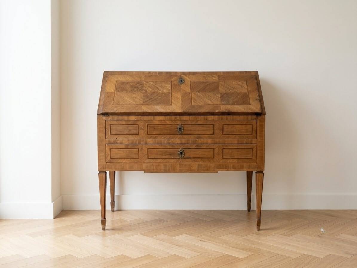 Antique wooden secretary desk with marquetry.
