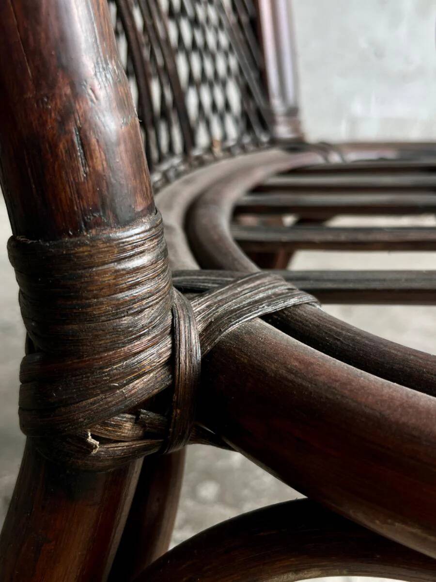 Mid-century Manou dark brown bamboo armchair with open rattan backrest, 1960s French