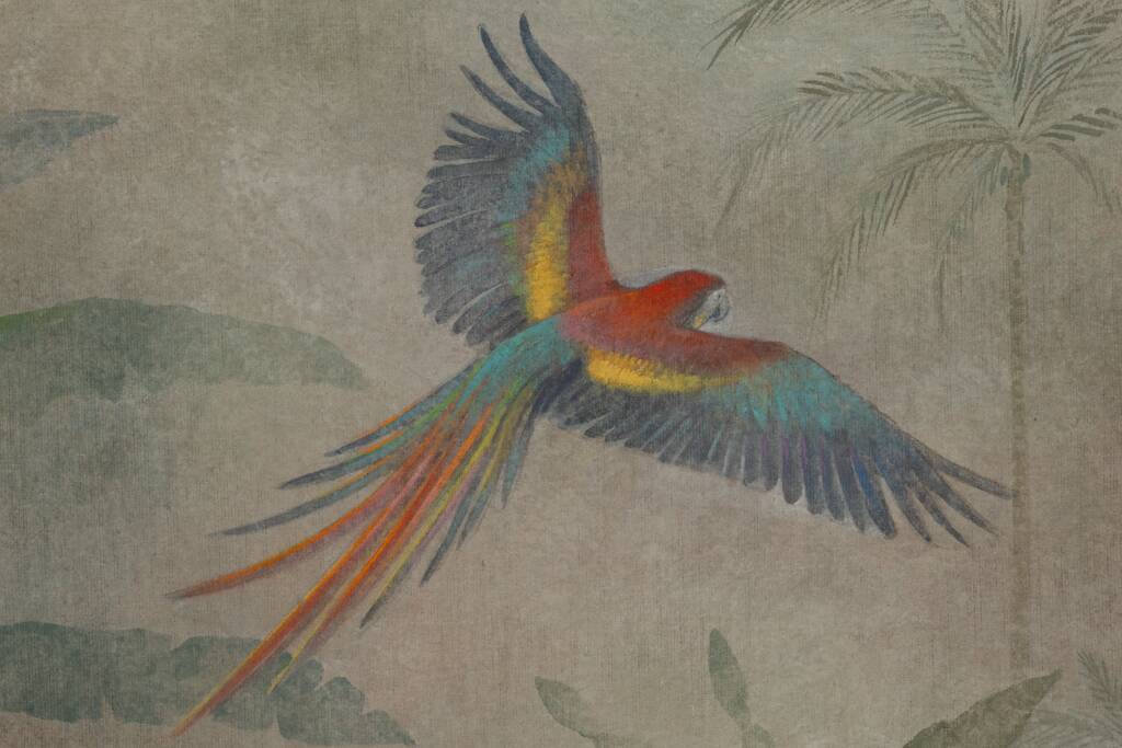Painted canvas featuring parrots in a tropical forest. Contemporary.