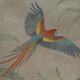 Painted canvas featuring parrots in a tropical forest. Contemporary.