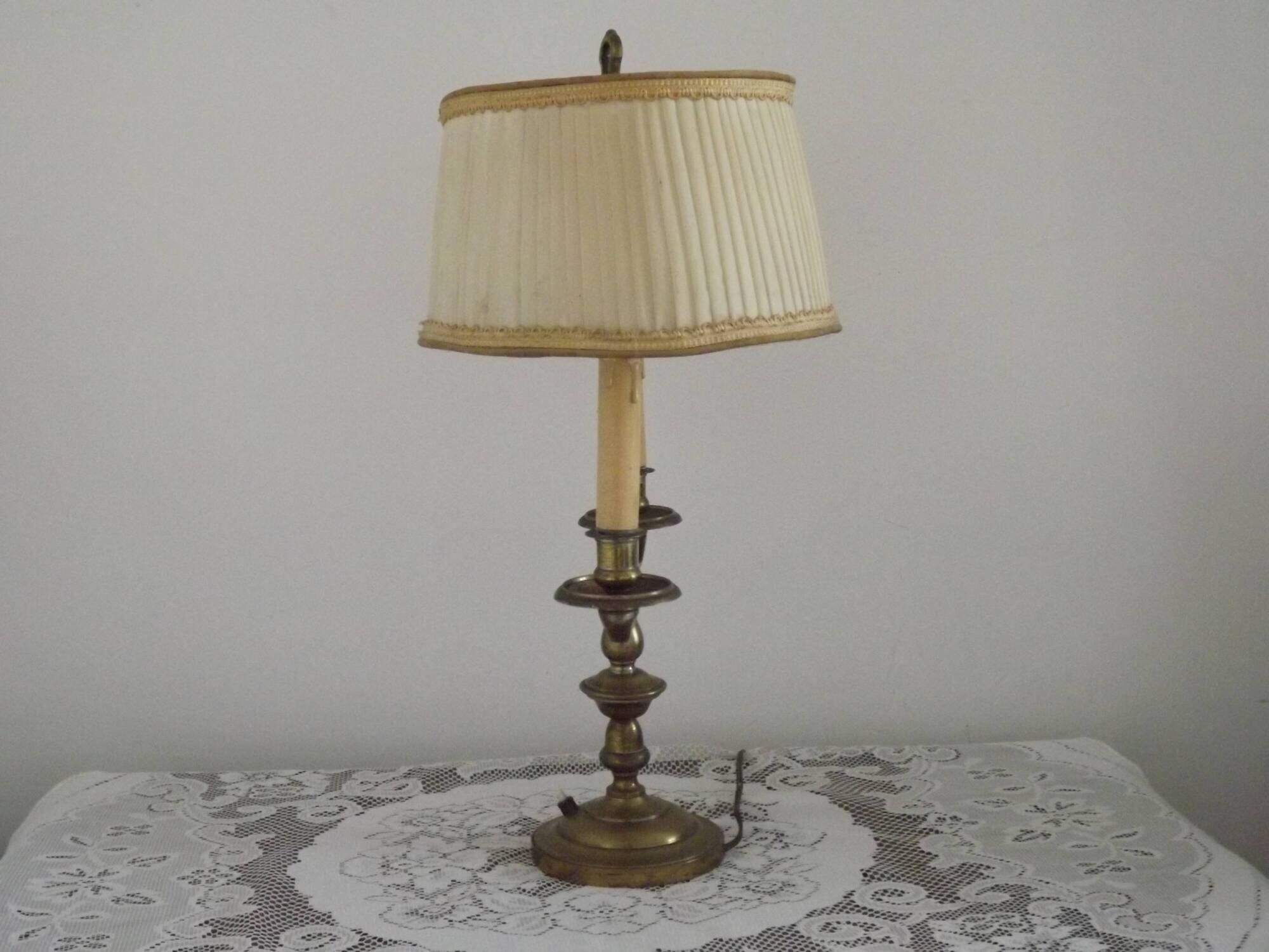 2 Light French Vintage Brass Boulotte Table Lamp With Cream Pleated Shade 5