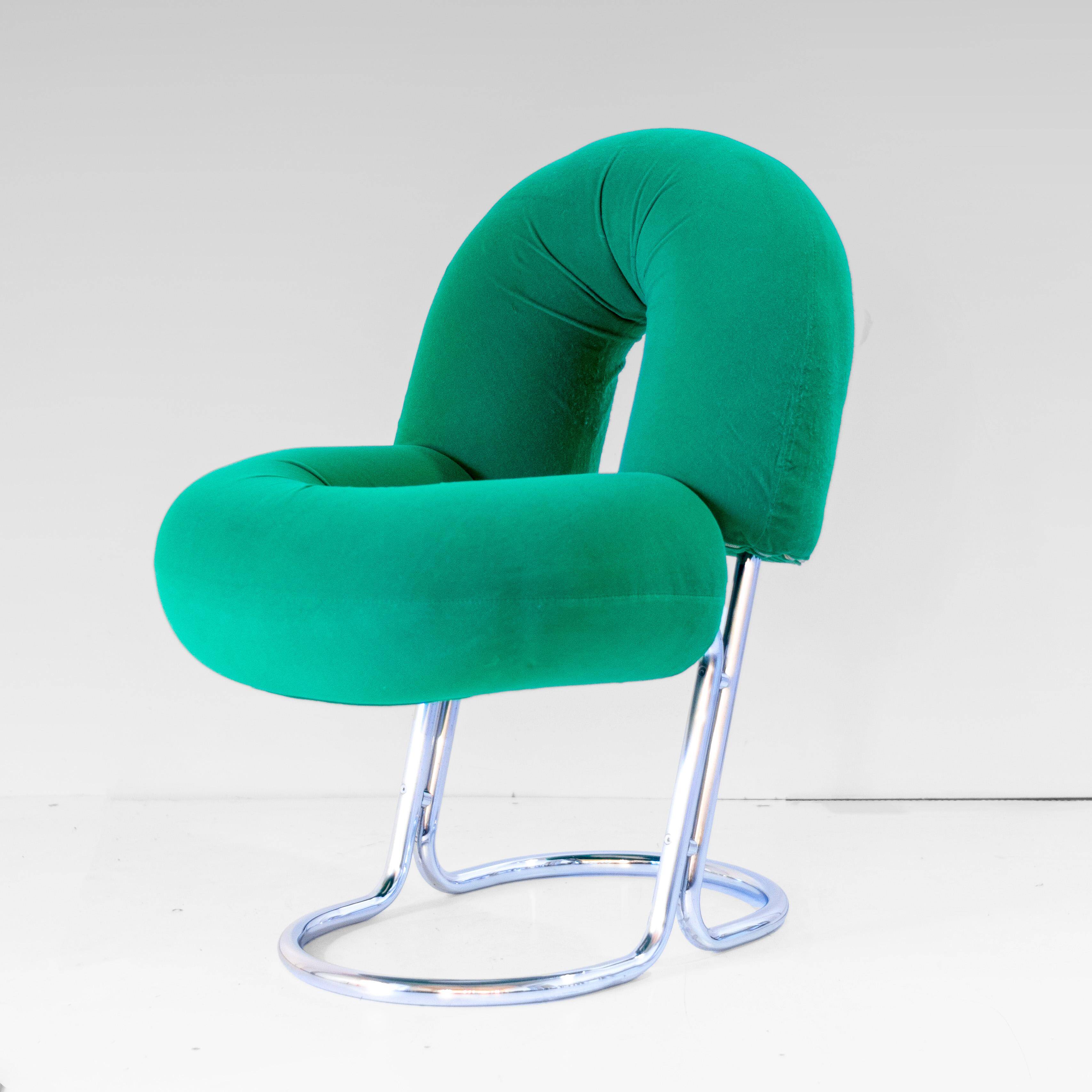 Space Age Italian Modern Desk Chair In Green Velvet and Chromed Metal