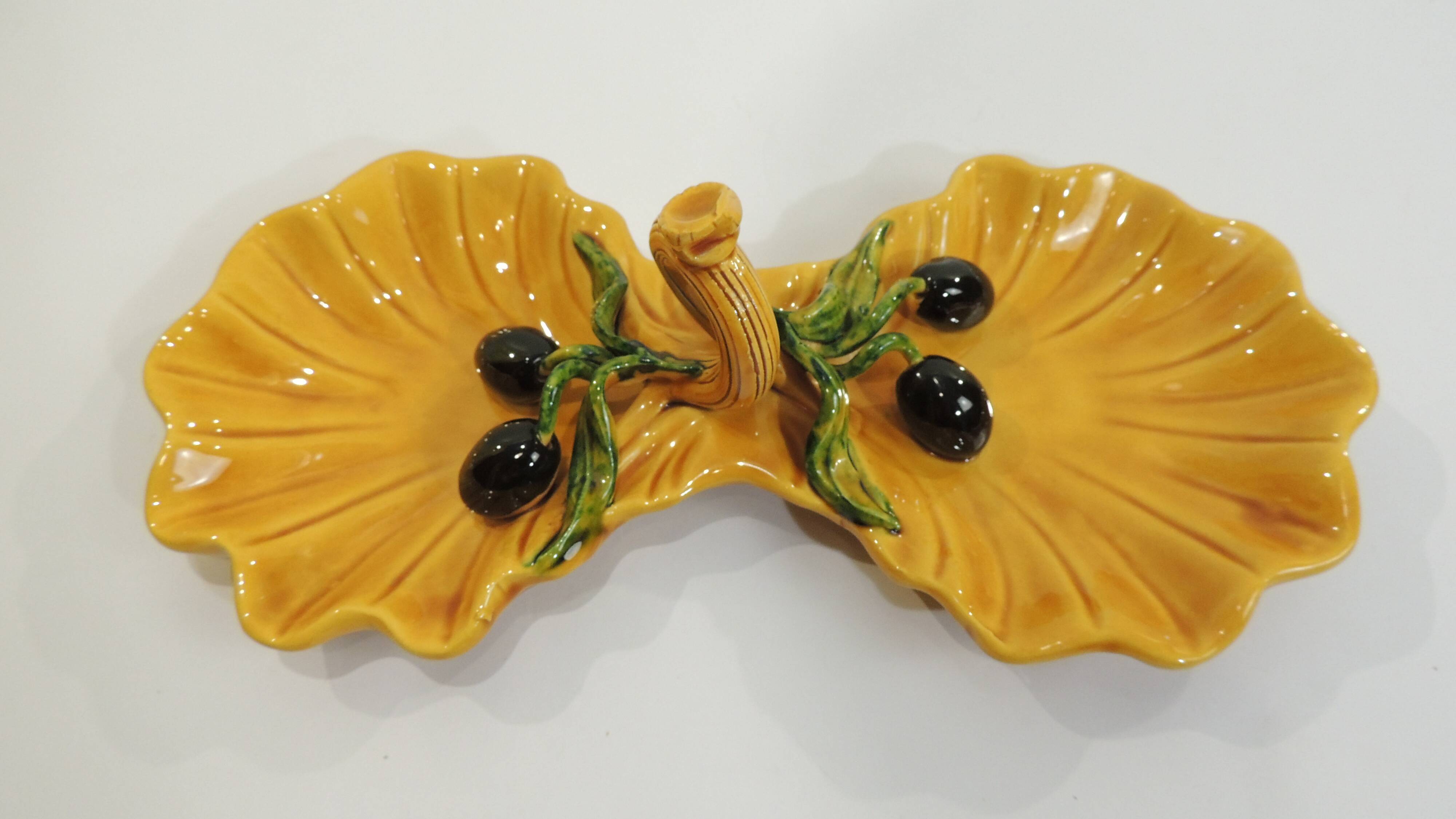 A vintage yellow ceramic aperitif server from Vallauris, 1970s, for black olives.