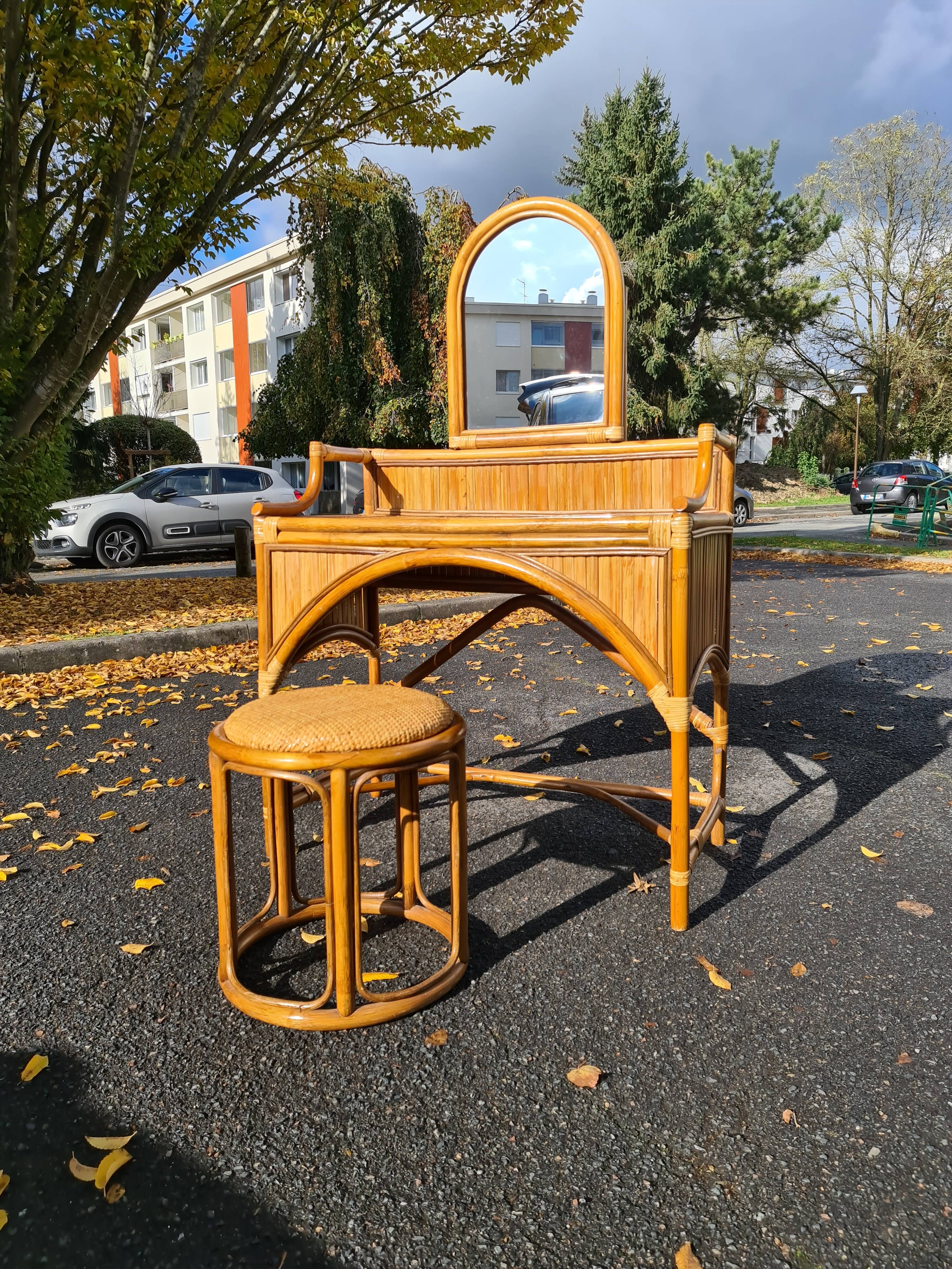 Dressing table / Mirror stool rattan bamboo Vintage 1970