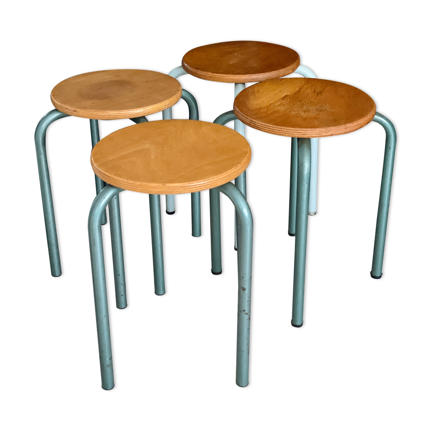 Set of 4 metal and wood workshop stools