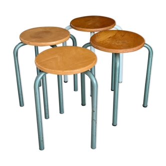 Set of 4 metal and wood workshop stools