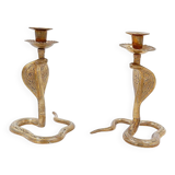 Pair of engraved brass cobra candlesticks - 1960s