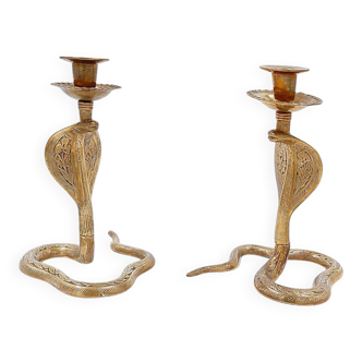 Pair of engraved brass cobra candlesticks - 1960s