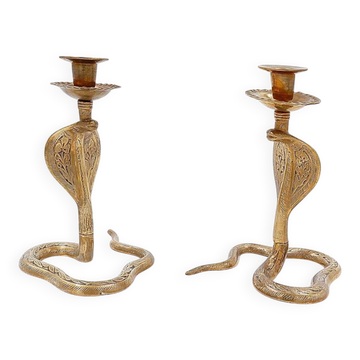 Pair of engraved brass cobra candlesticks - 1960s