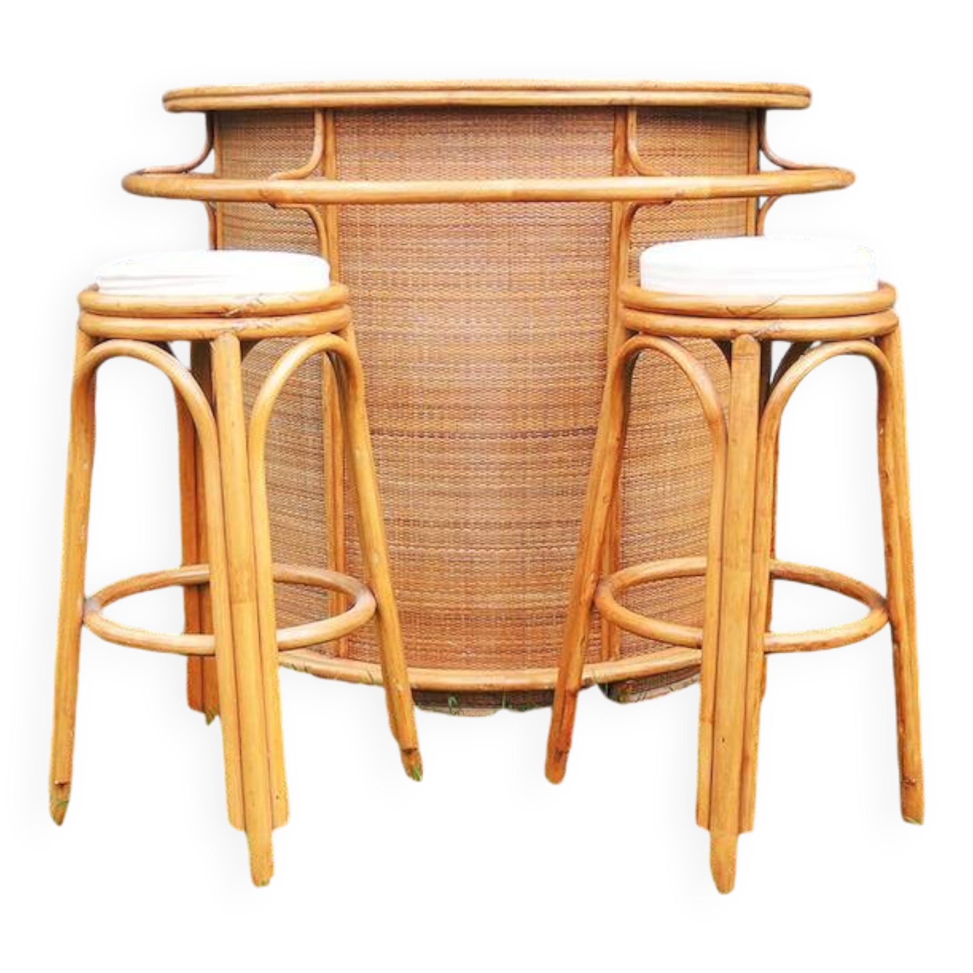 Old Rattan Bar with 2 Matching Stools