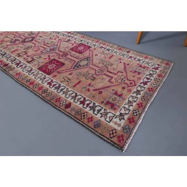 1970s Vintage Turkish Hand-Knotted Wool Cotton Beige Runner Rug 80x348