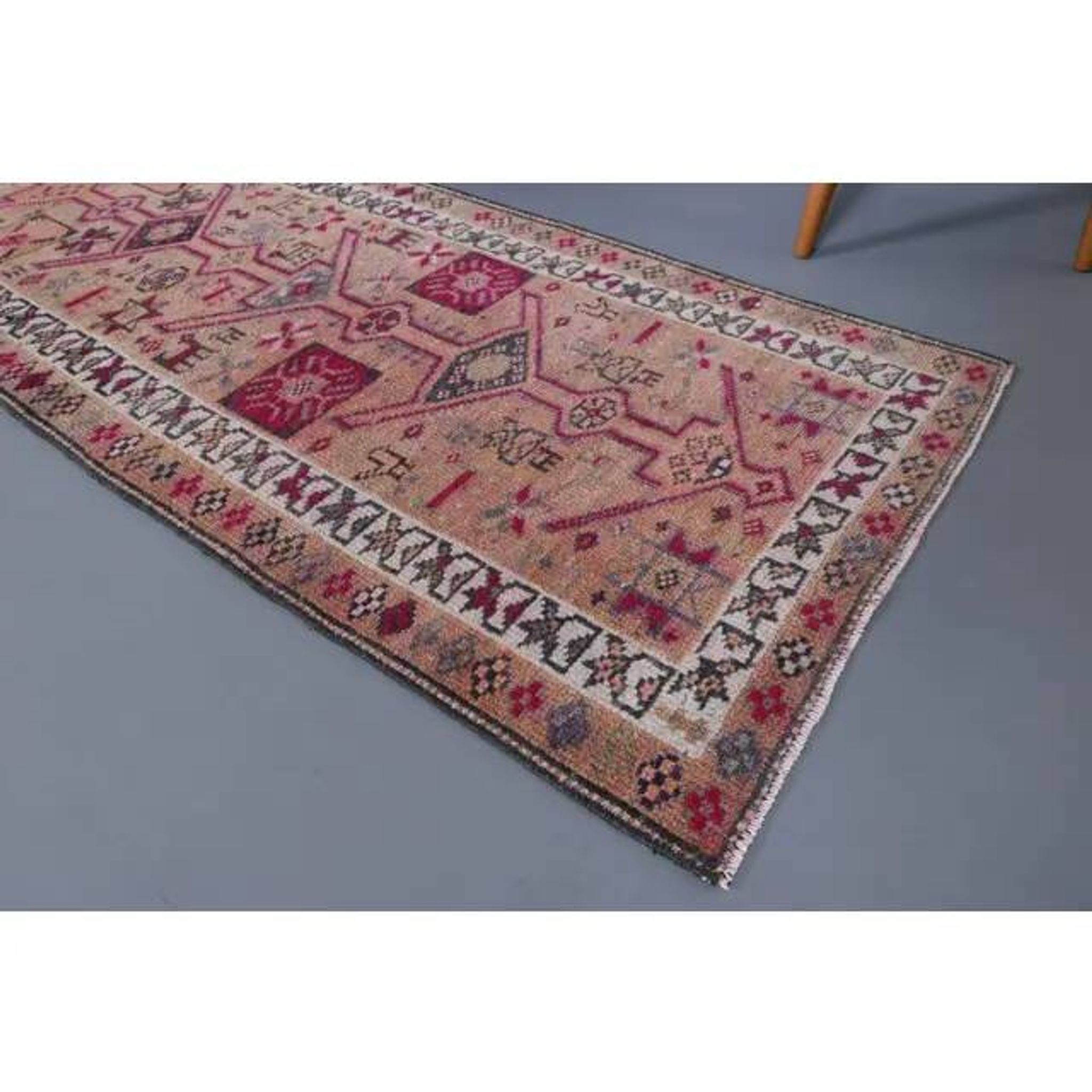 1970s Vintage Turkish Hand-Knotted Wool Cotton Beige Runner Rug 80x348