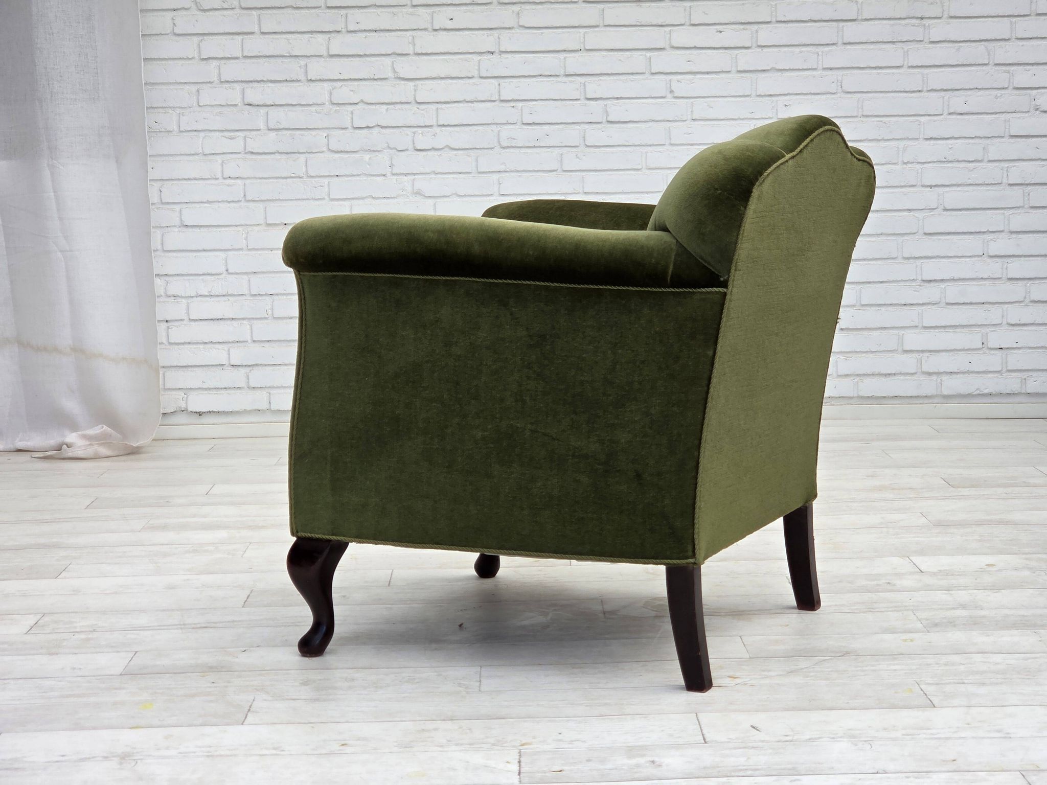 1950s, Danish armchair, green furniture velour, ash wood legs.