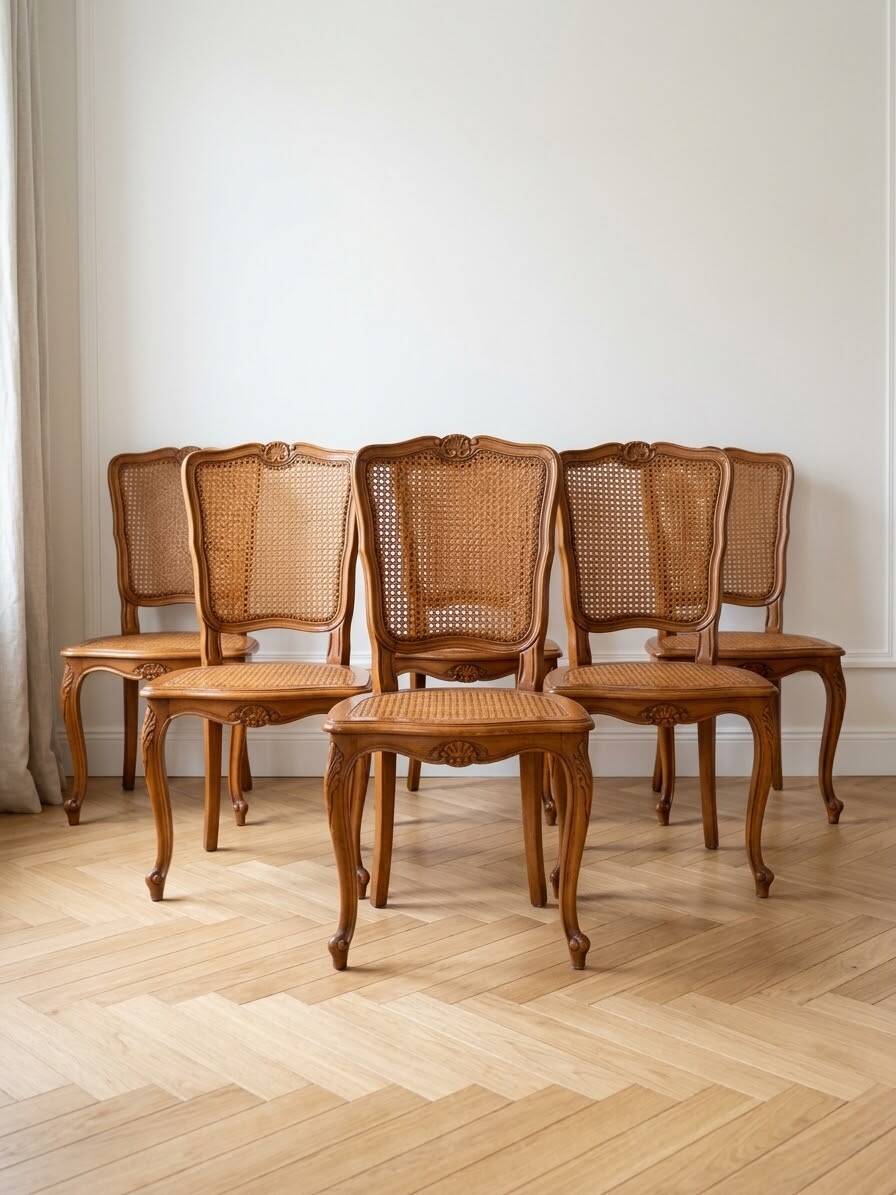 Set of 6 Louis XV chairs in wood and caning.