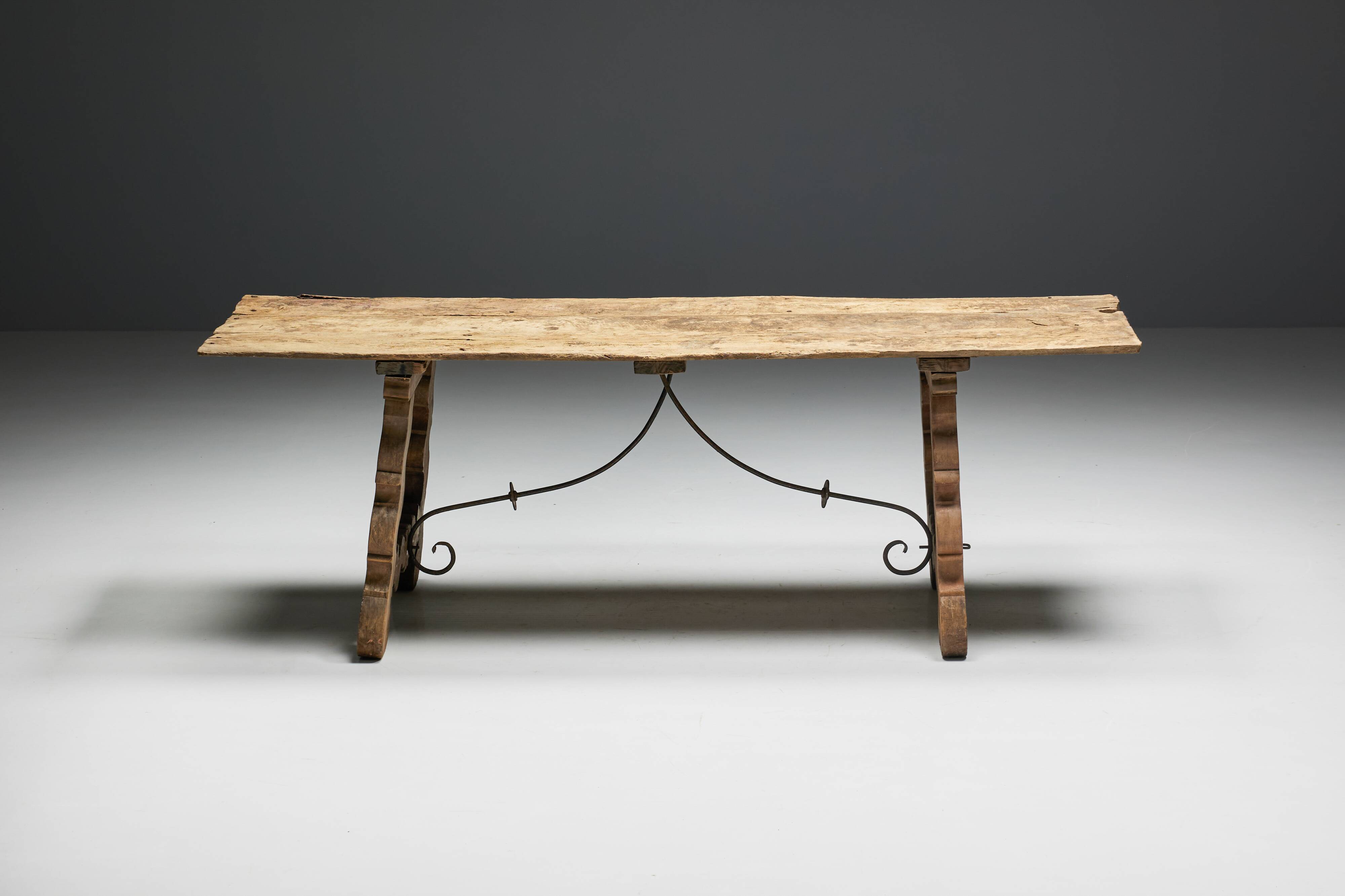Table à Tréteaux Rustique d'Art Populaire, Espagne, 19ème Siècle