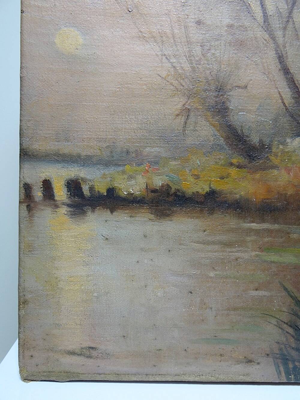 Large painting farm on pond old 19th century signature oil on linen canvas