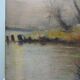 Large painting farm on pond old 19th century signature oil on linen canvas