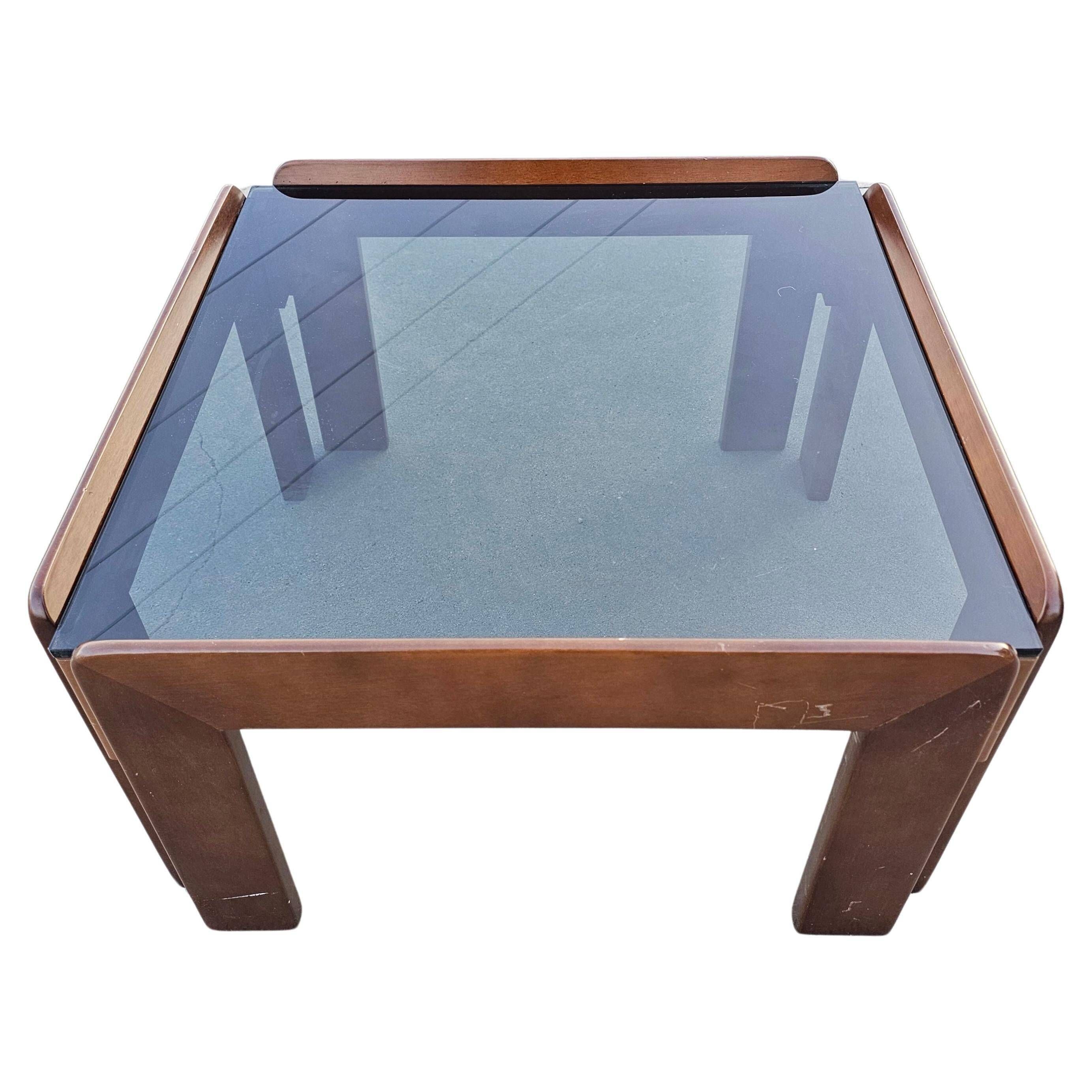MCM coffee table in walnut and smoked glass by Afra and Tobia Scarpa, 1960s