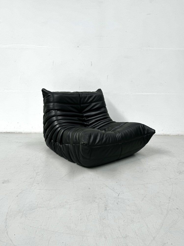 French Togo lounge chair in black leather by Michel Ducaroy for Ligne Roset, 1970s