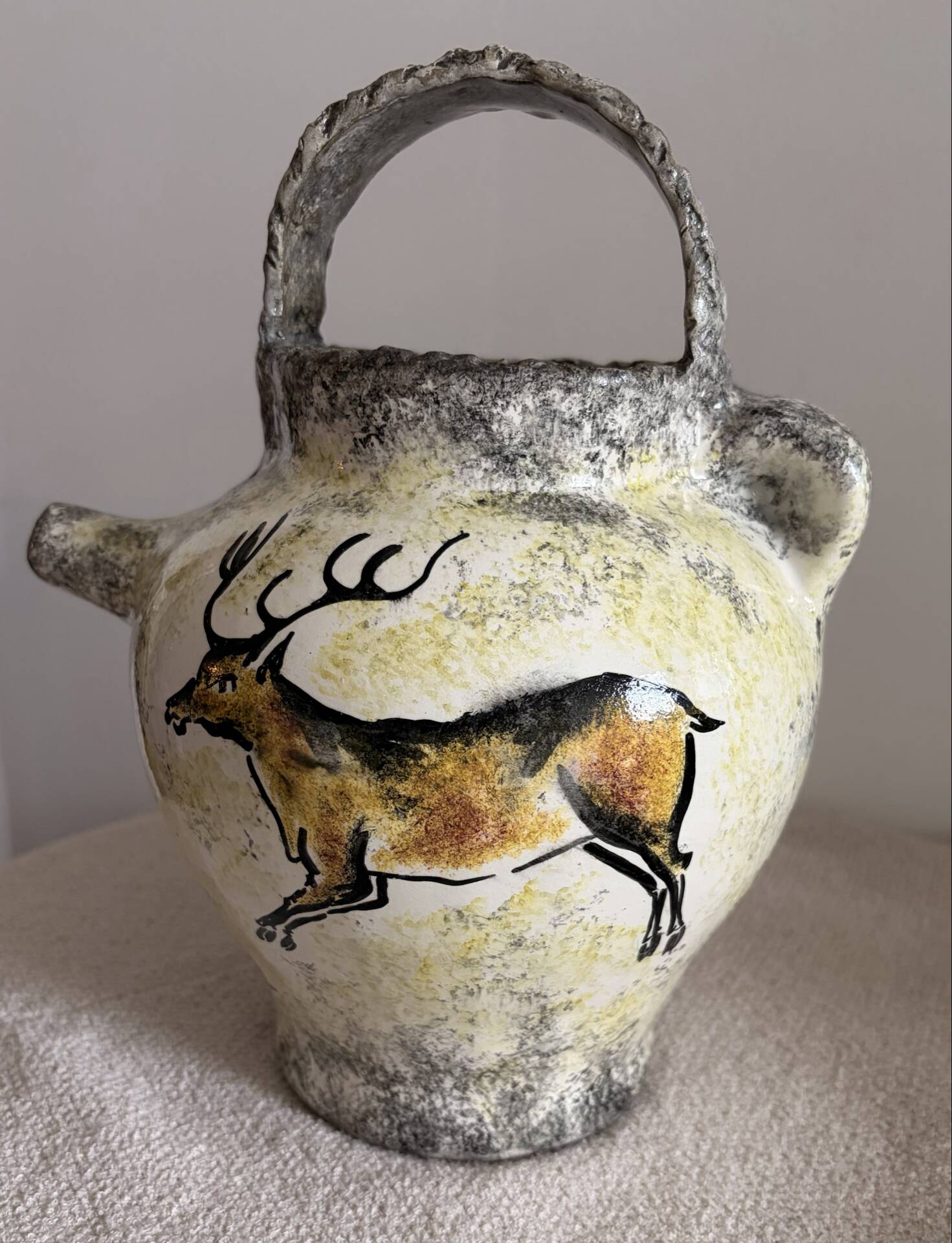 Vintage French Studio Ceramic Pitcher by Ghila – Lascaux Cave Art Styl