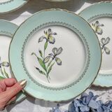 6 vintage white and green porcelain dinner plates Iris Moulin des Loups "Sargosse" 1950s