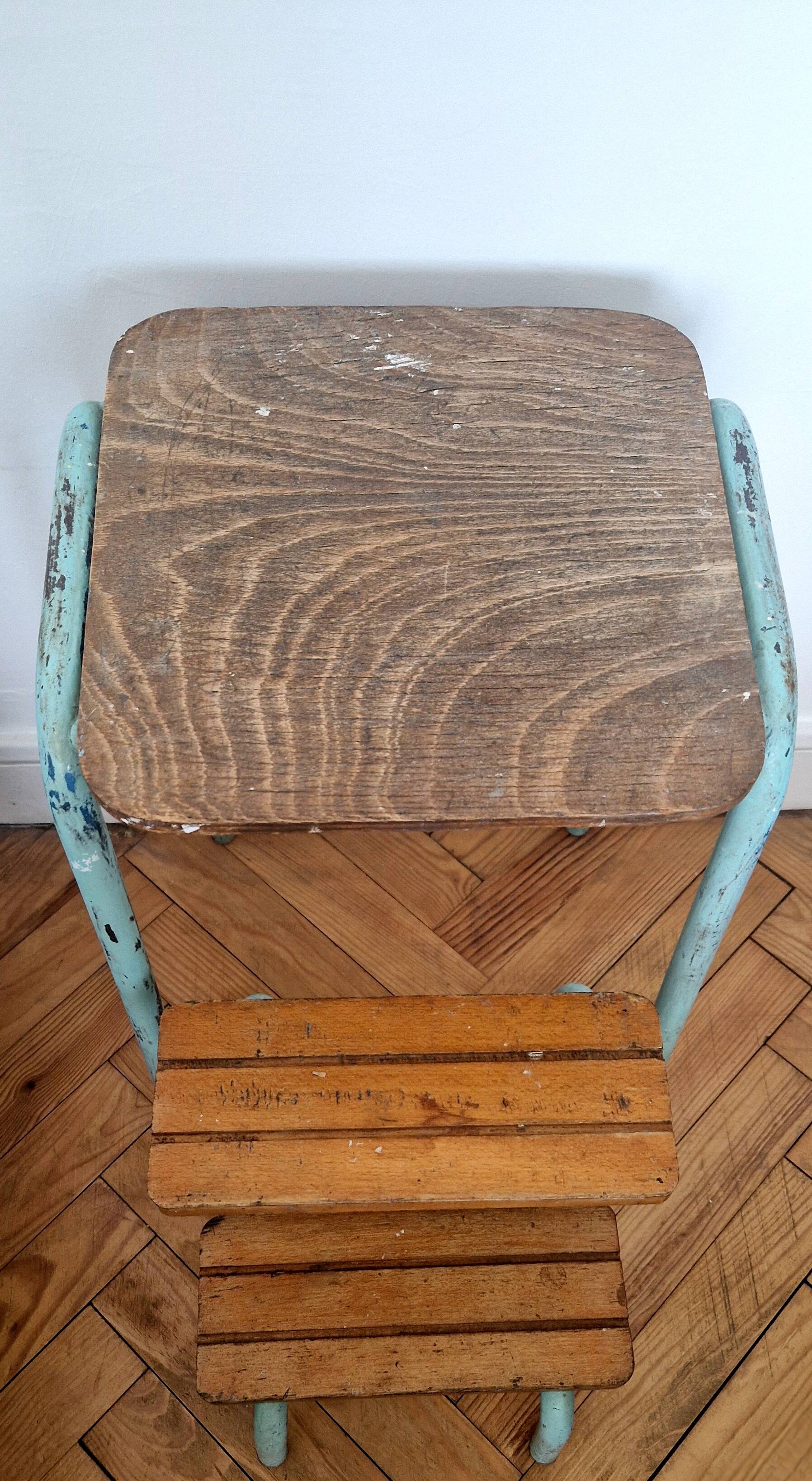 Tabouret escabeau vintage en bois et acier
