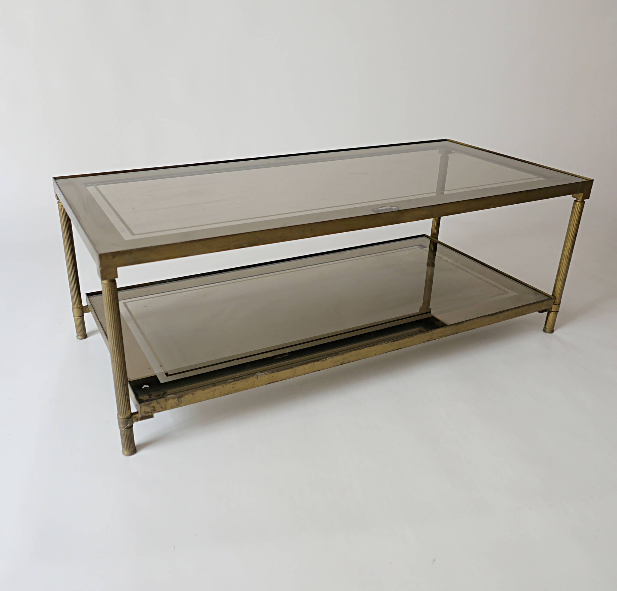 vintage brass coffee table with smoked glass mirror, antique Maison Jansen