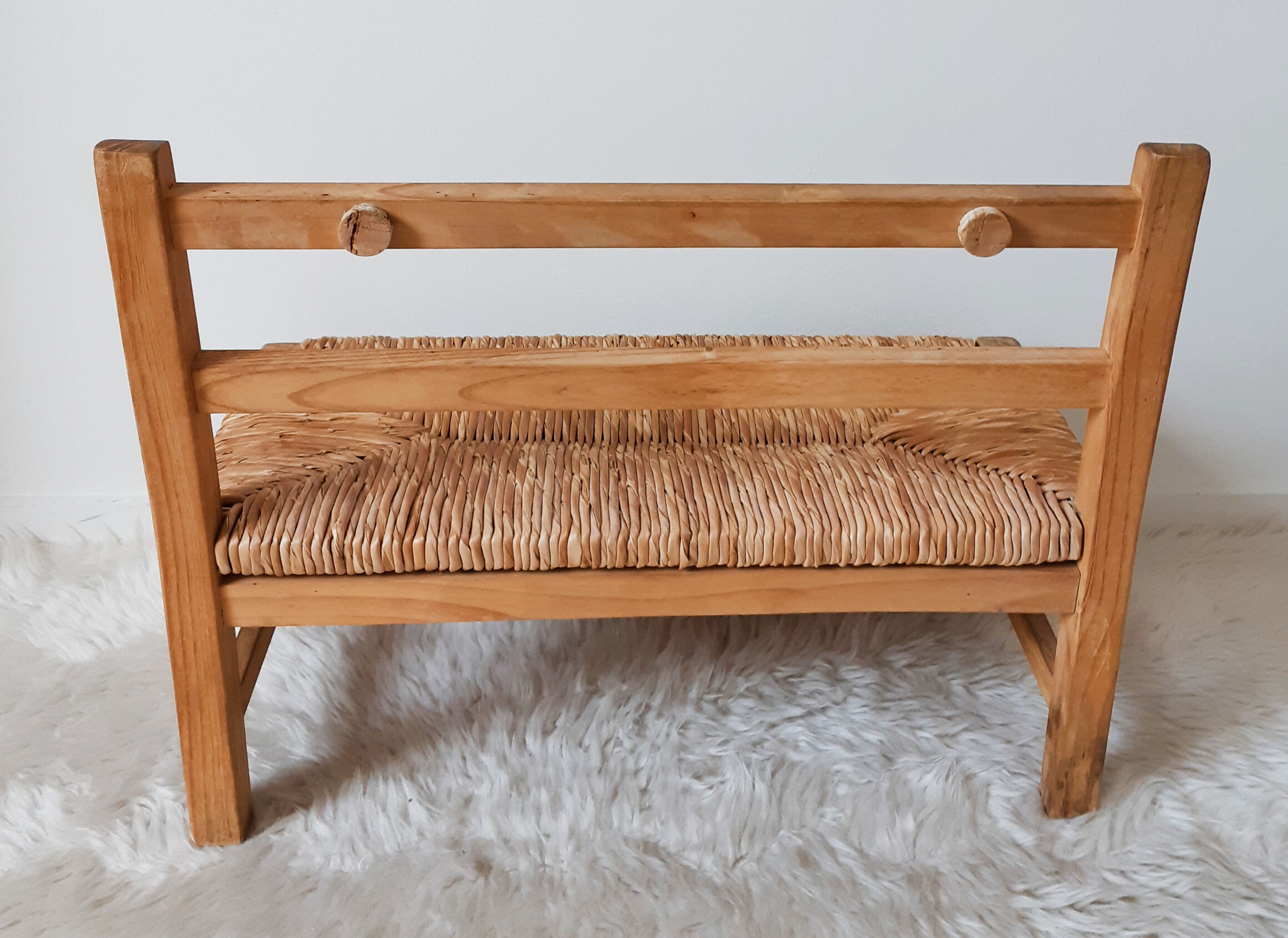 Banc enfant en bois et paille, vintage