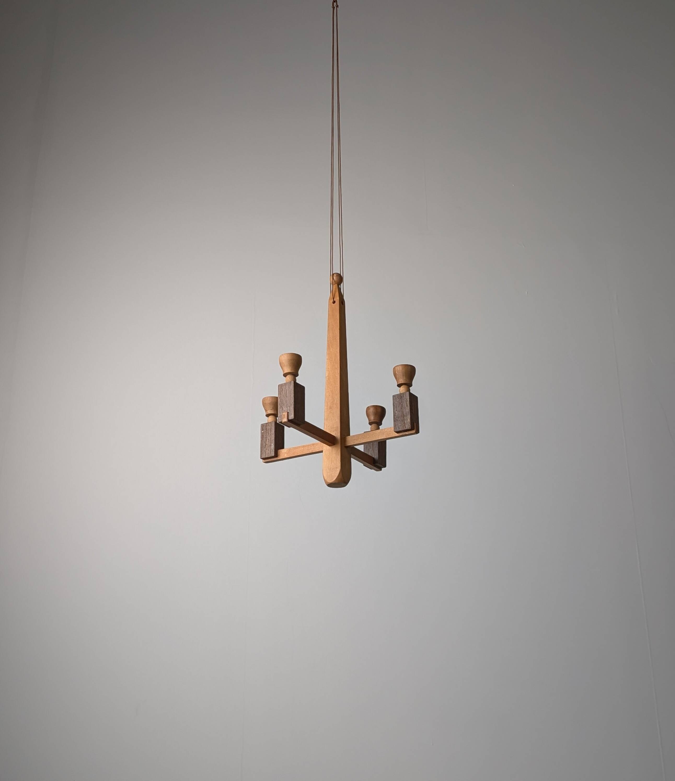 Danish hanging wooden candelabra, Art Deco style, 1970s
