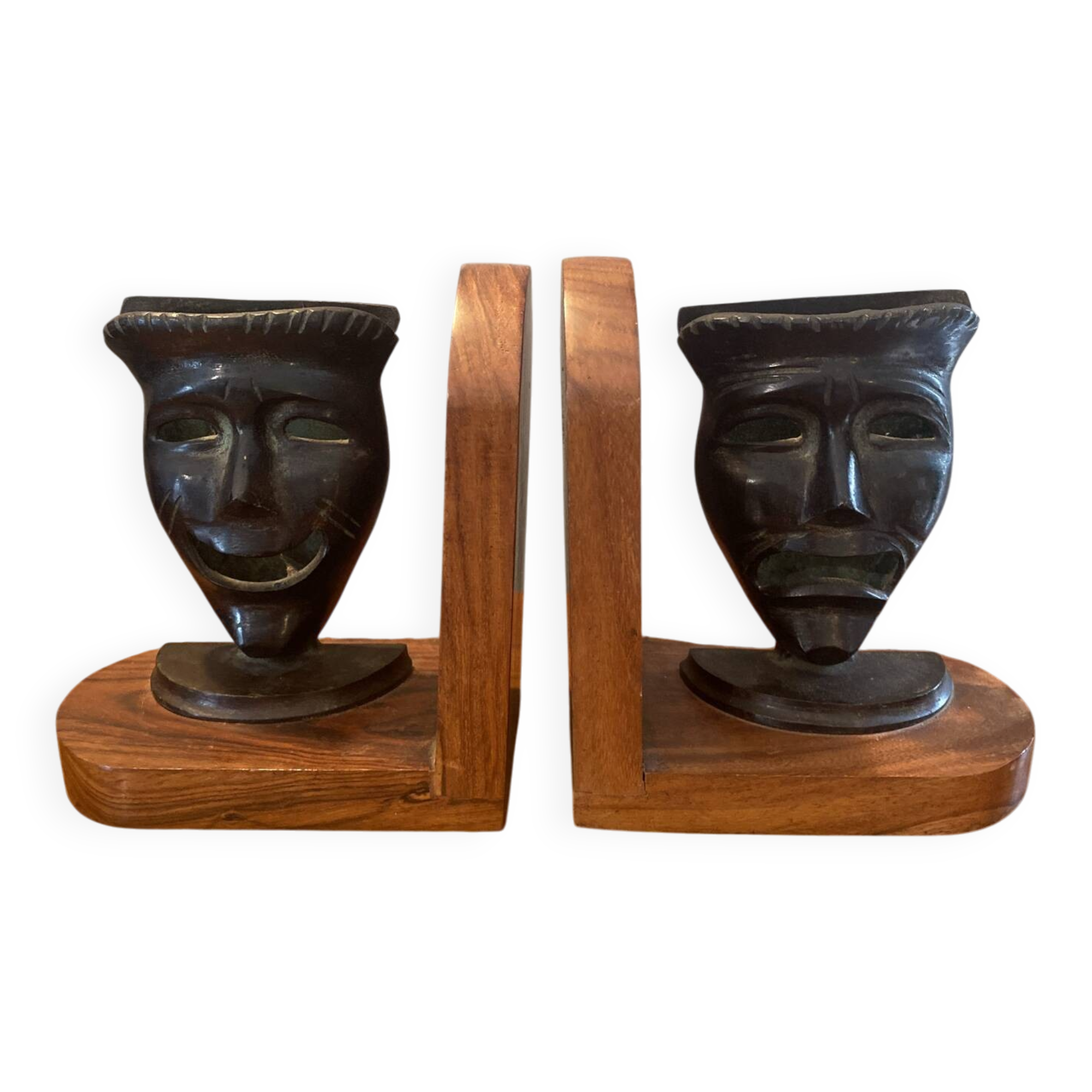 Paire de serres livres masques en bronze