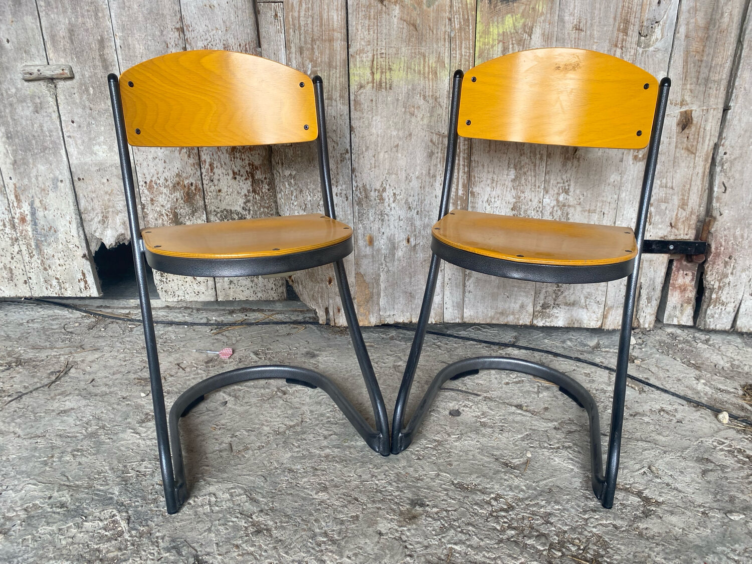 Pair of Chairs SOUVIGNET Model ELODIE Grey Metal & Wood Made in France