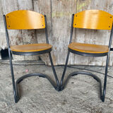 Pair of Chairs SOUVIGNET Model ELODIE Grey Metal & Wood Made in France