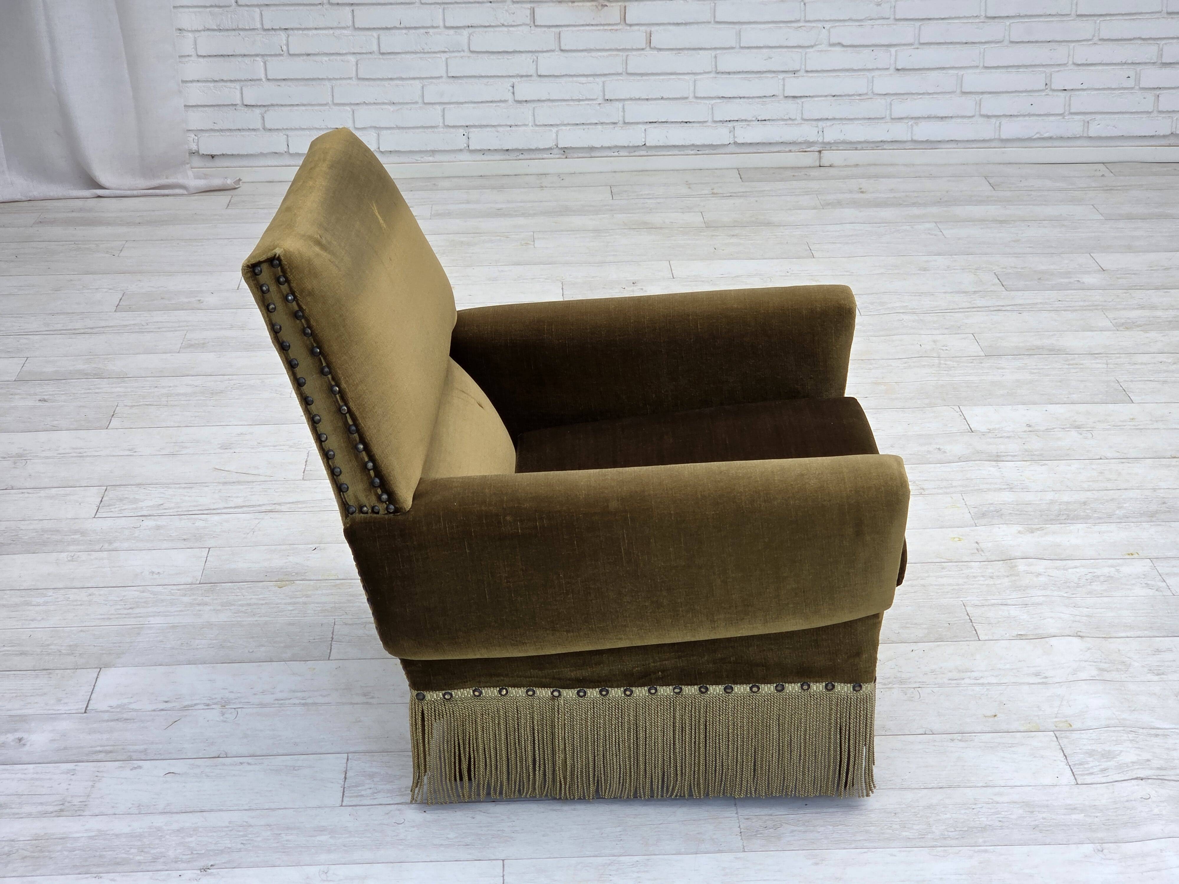 1970s, Danish armchair, green furniture velour, ash wood legs.