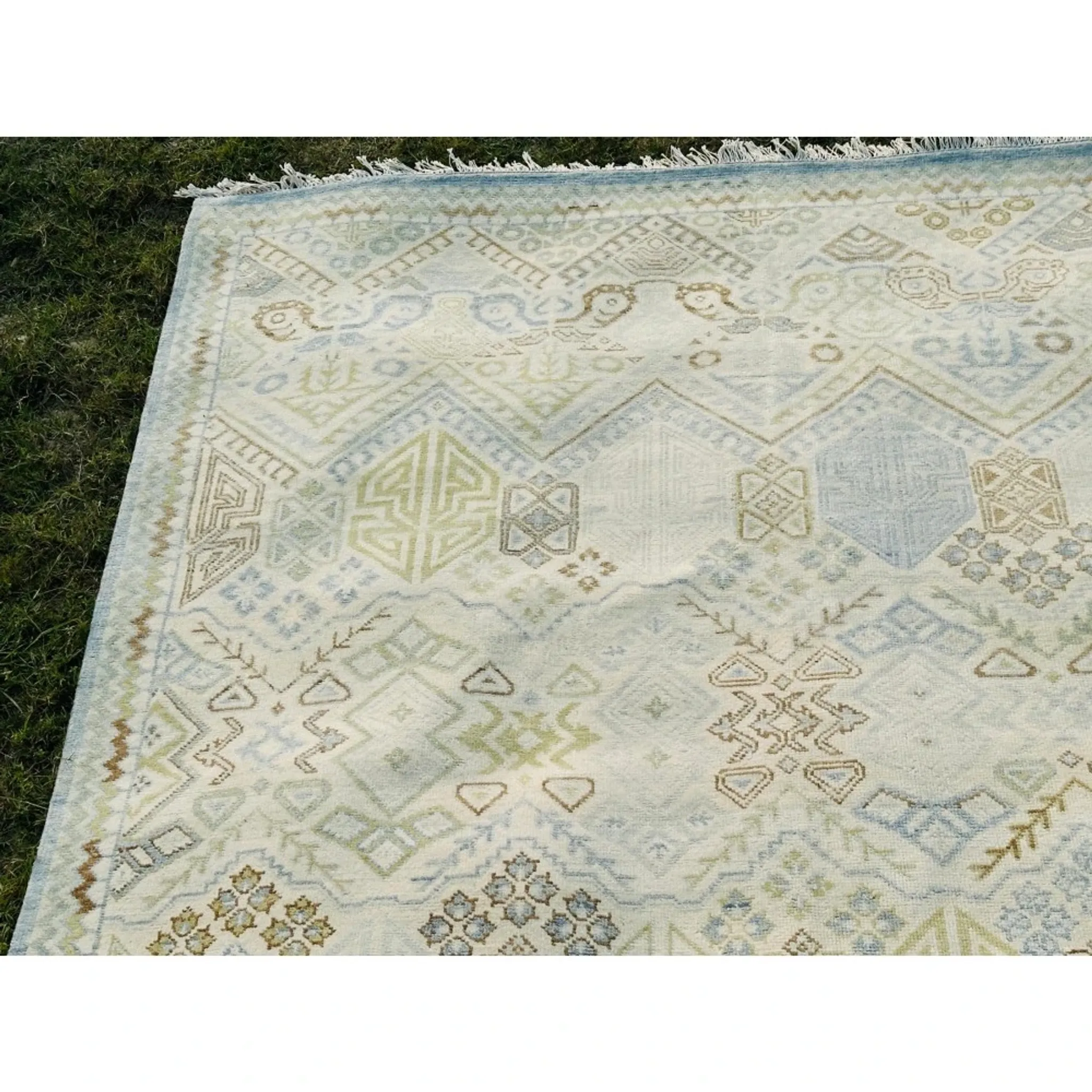 Decorative Oushak Wool Area Rug with Geometric Design. Hand-knotted Beige Carpet