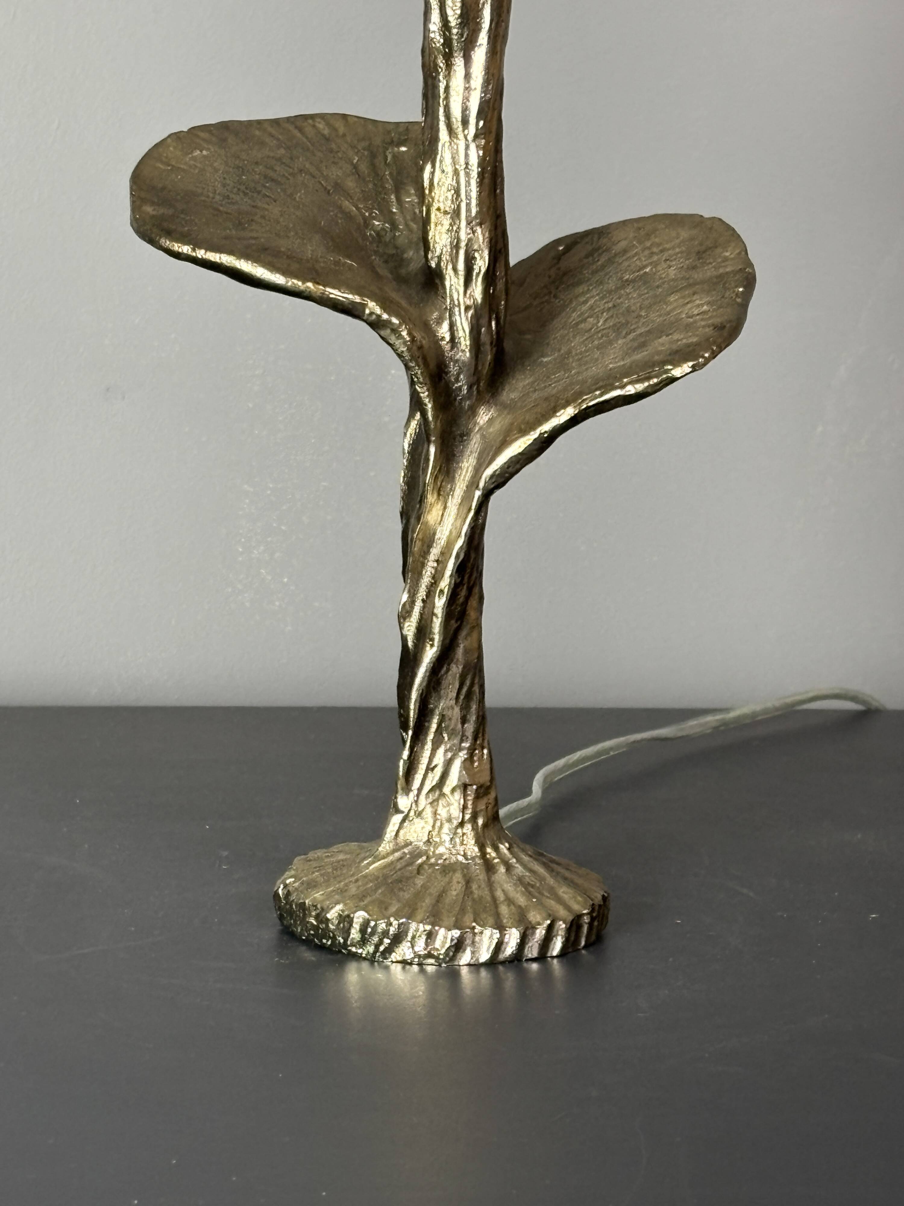 Solid brass silver custom made flower lamp with cocoon fabric shade, 1970s