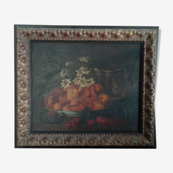 Table Oil on canvas. Old. Still life with apricots and peaches. 19 th