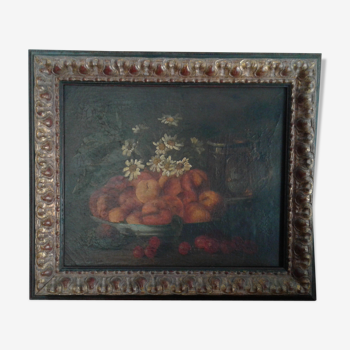 Tableau huile sur toile ancien nature morte aux abricots et pêches  . 19 ème