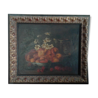 Tableau huile sur toile ancien nature morte aux abricots et pêches  . 19 ème