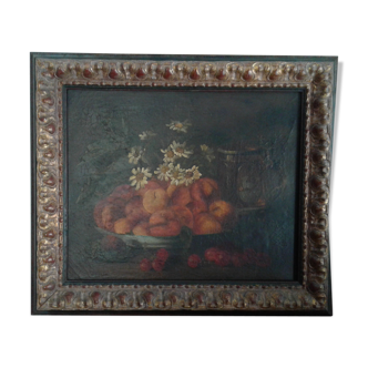 Table Oil on canvas. Old. Still life with apricots and peaches. 19 th