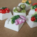 6 porcelain name tags in vintage fruit and vegetable slip