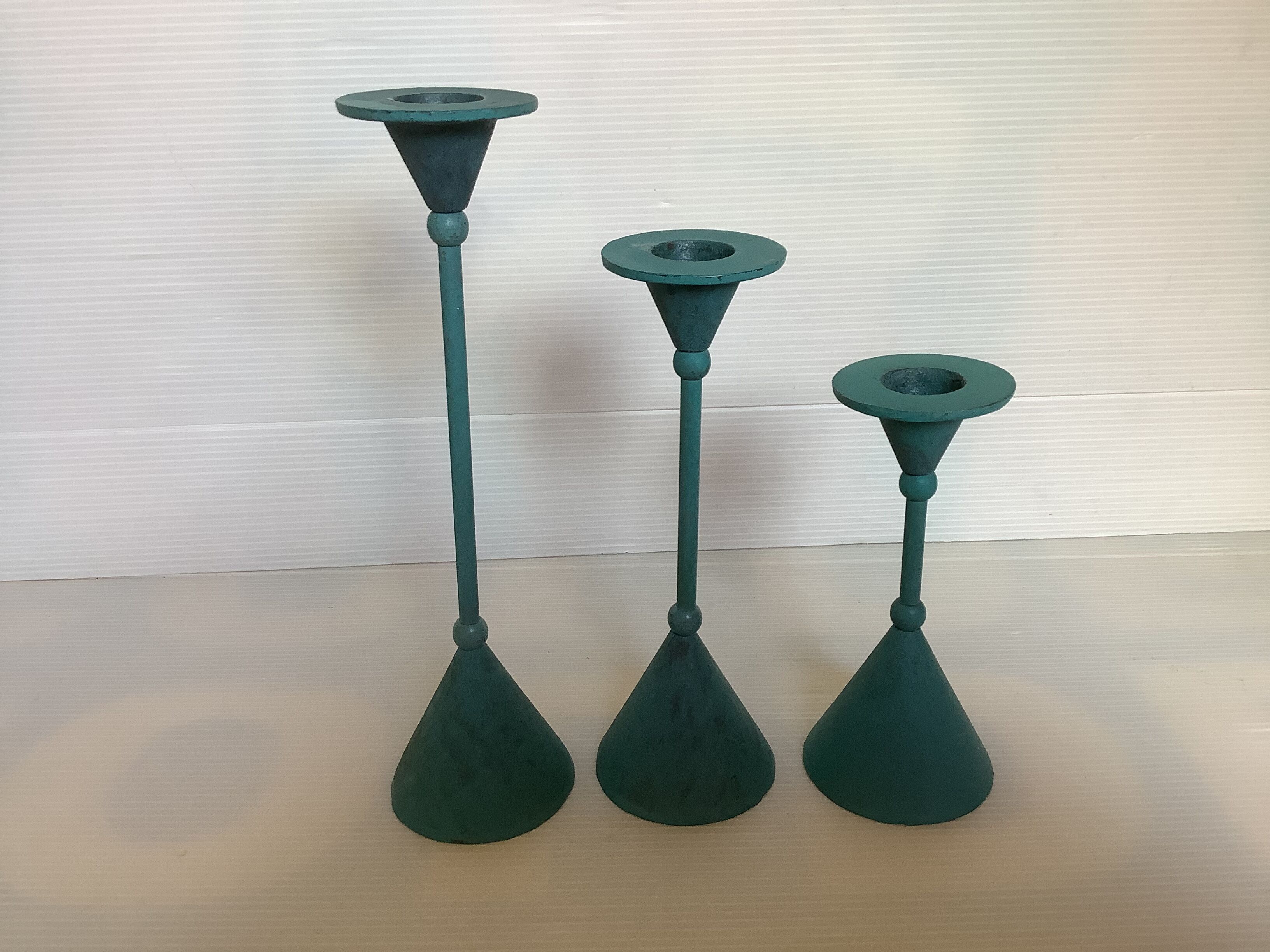Trio of candlesticks patinated blue green vintage