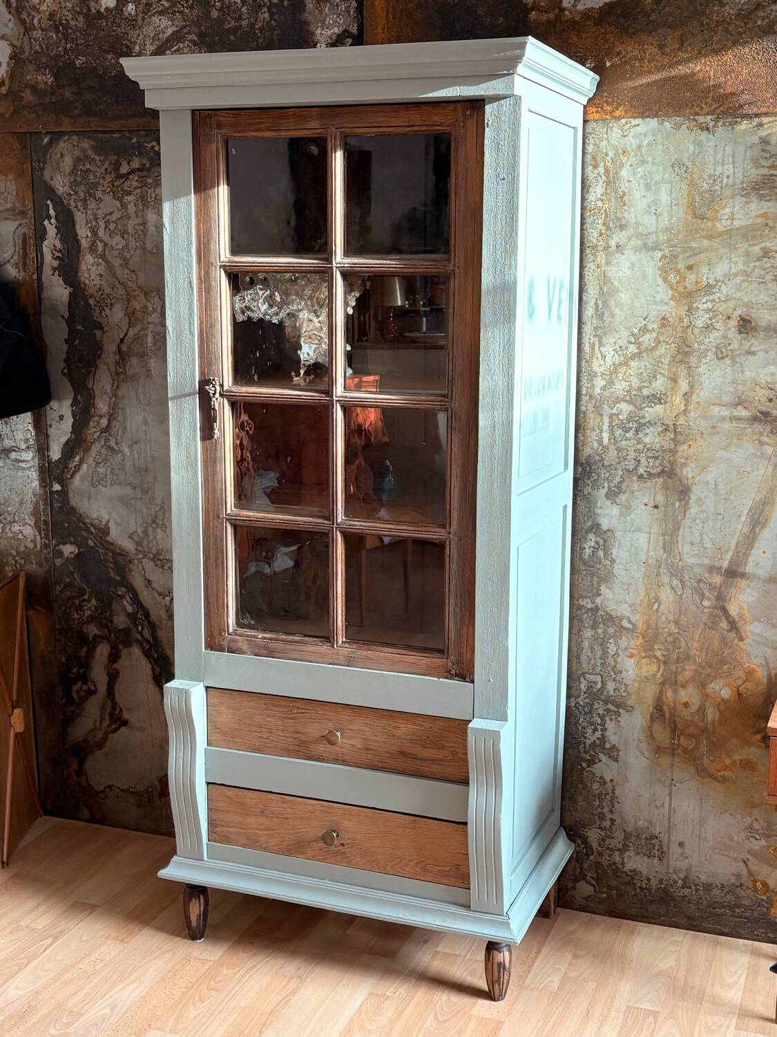 Raw wood and celadon glass cabinet