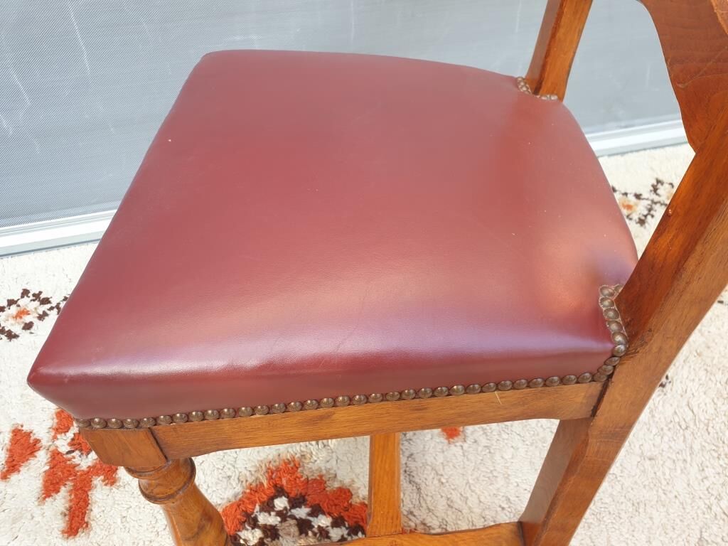 Set 6 chairs style Louis XIII VINTAGE 1980 Oak and Burgundy red leather