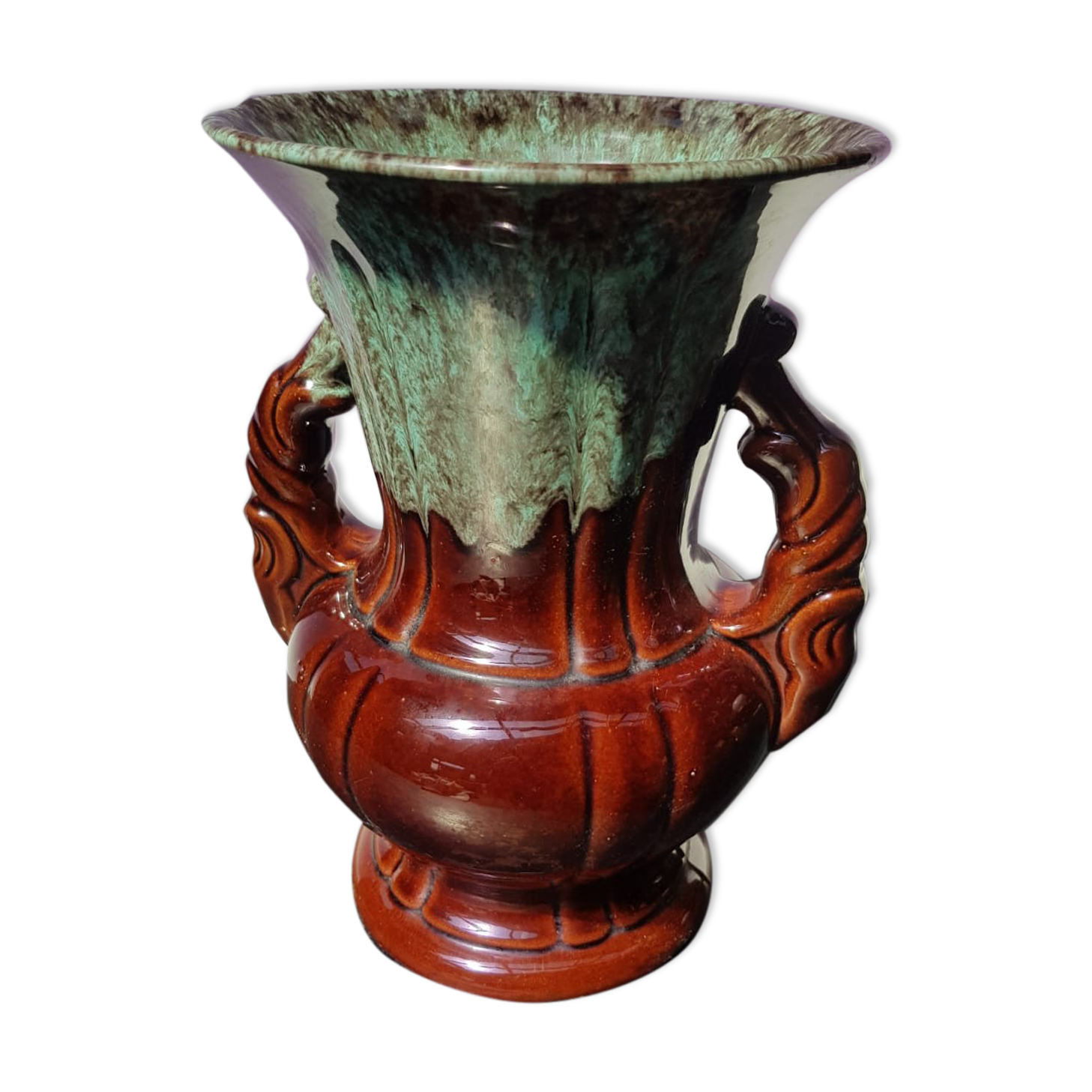 Former Vase ADP Enamelled Ceramics Brown Blue Green Frames - Vintage Anses