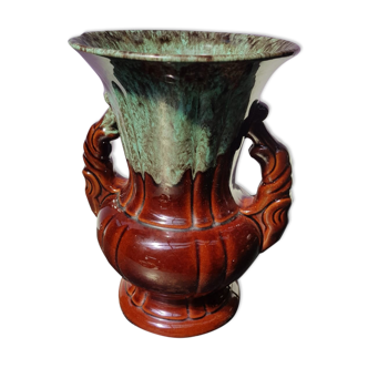 Vase adp céramique émaillée marron coulures vert bleu avec anses vintage