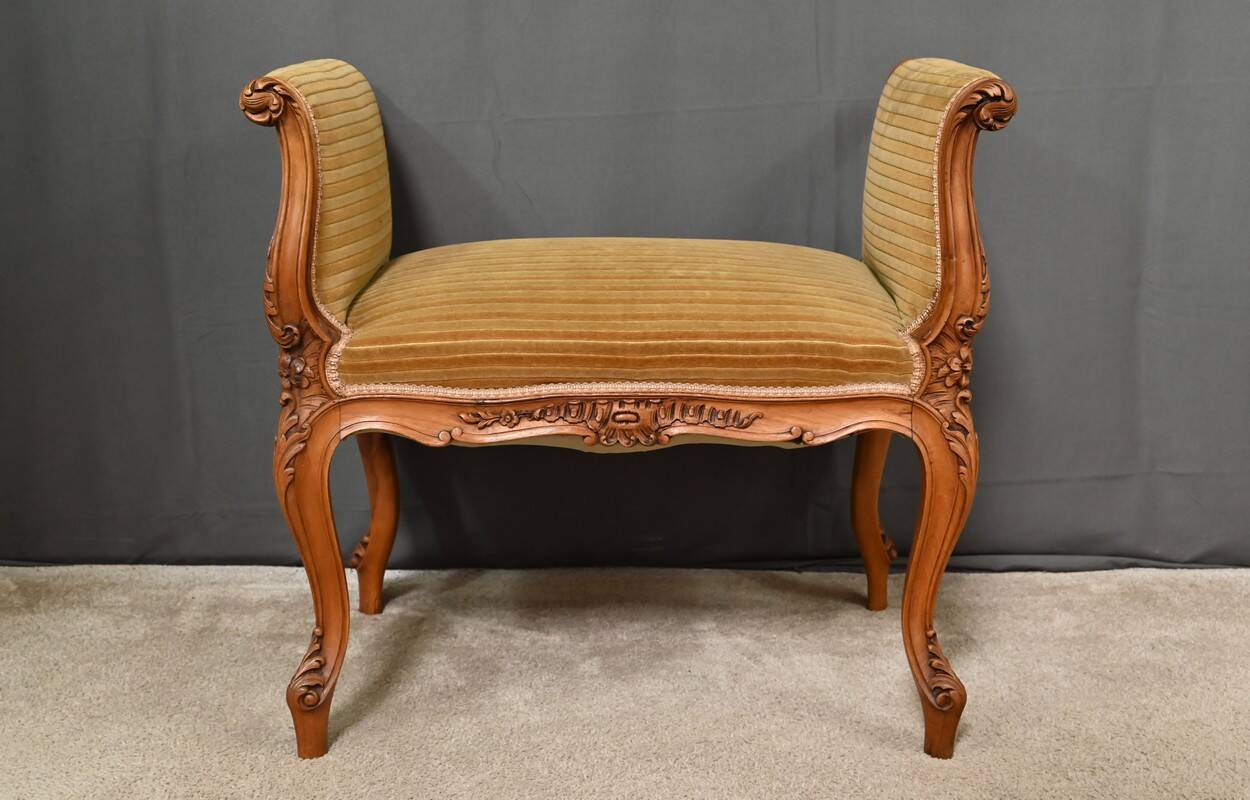 Small Louis XV Style Bench with Armrests in Blond Mahogany – 1920