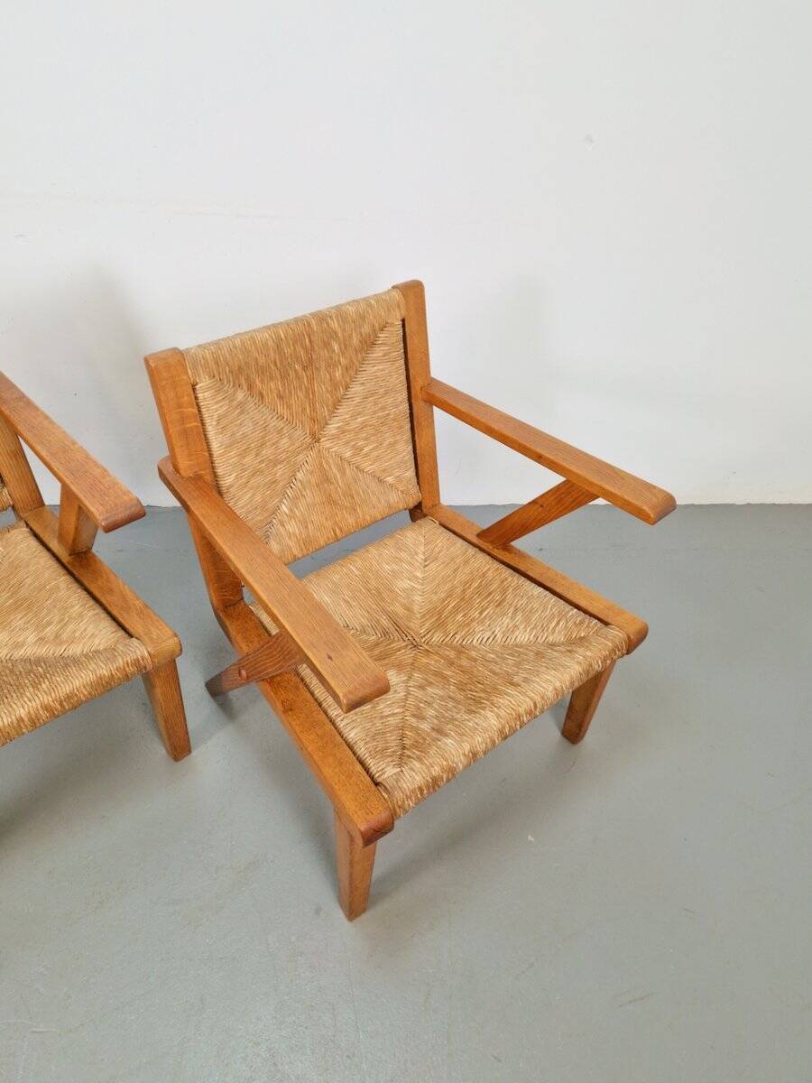 Chaises en bois brutalistes modernistes en paille, années 1940, ensemble de 3