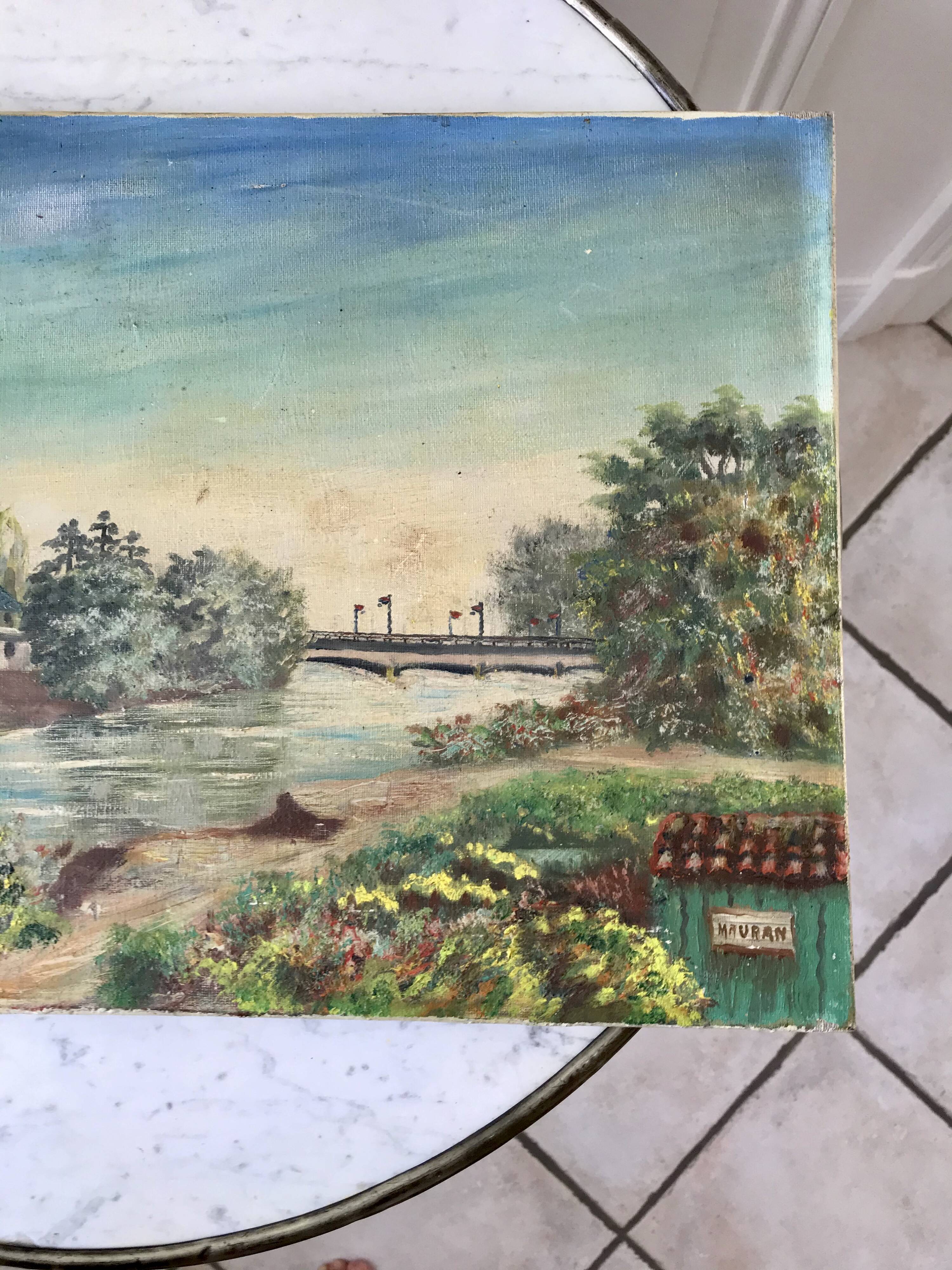 Oil painting on canvas landscape river bellerive bridge signed "morand" vinage
