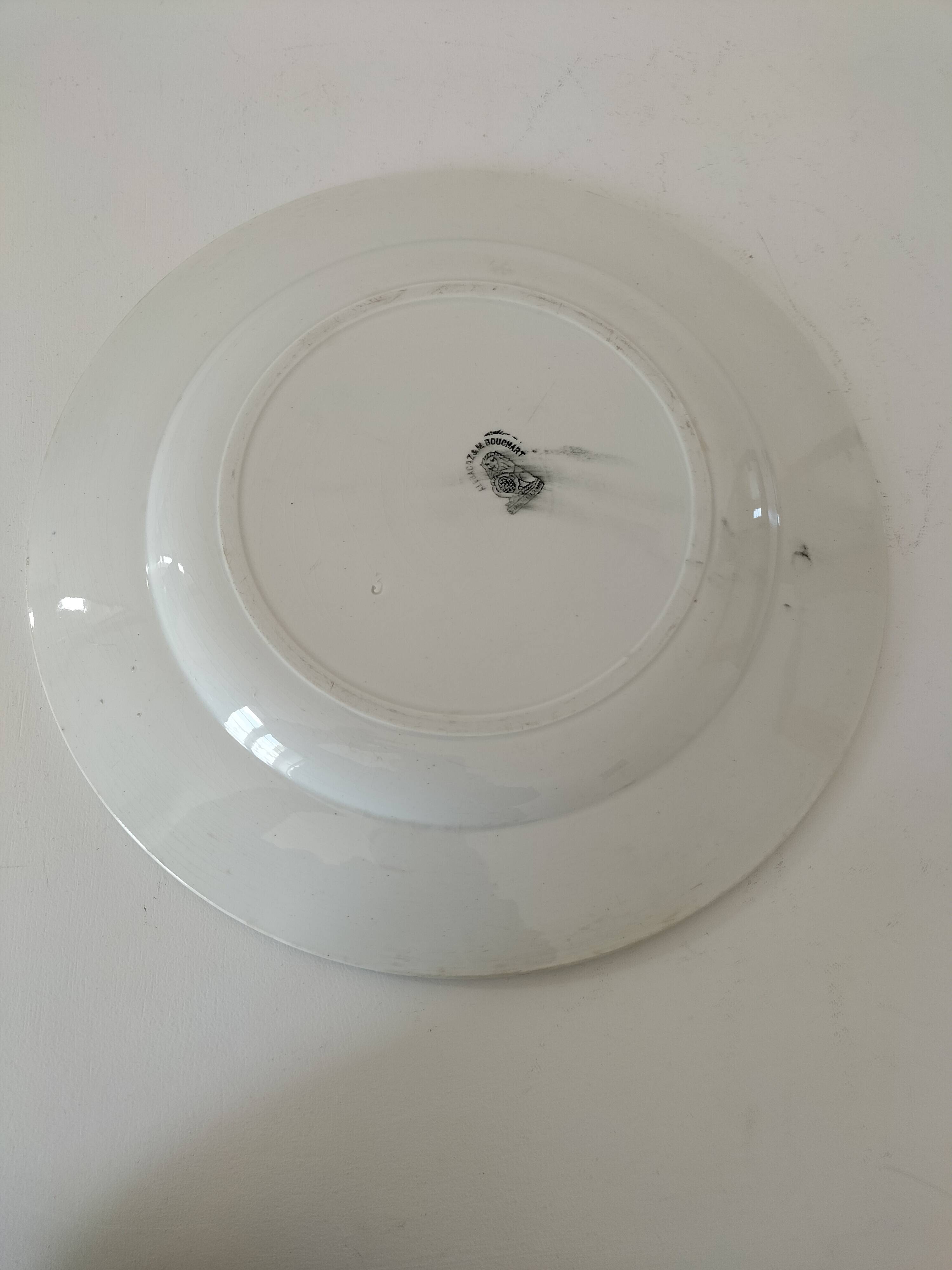 Large antique dish with a sailing boat design – signed A. Lebacqz & M. Bouchart