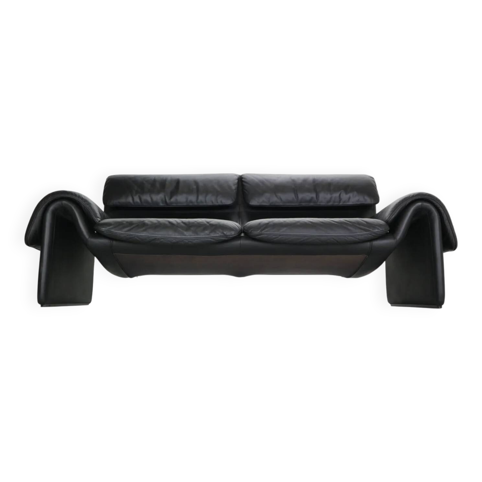 De Sede black leather sofa, sculptural design, Switzerland.